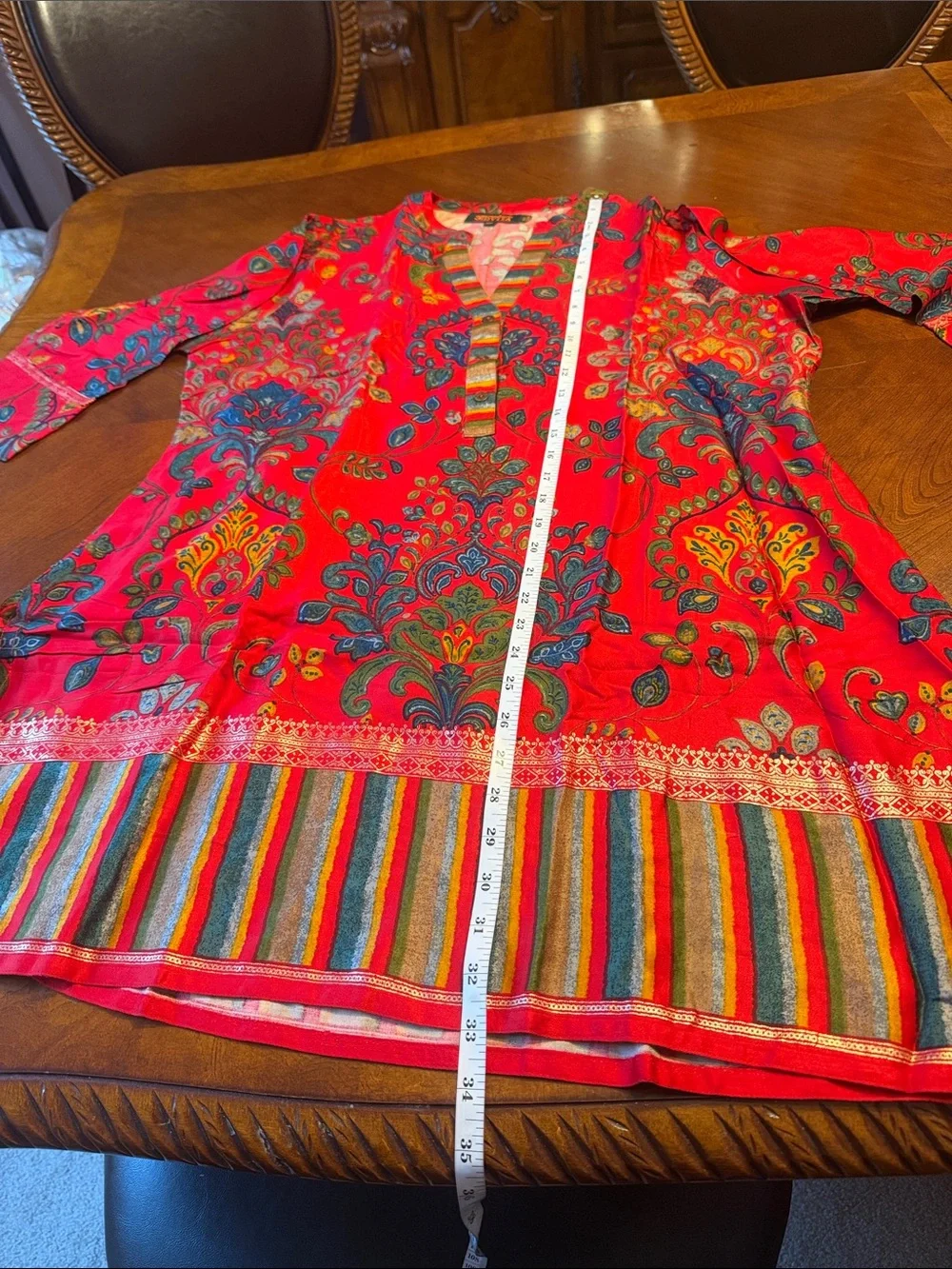 Red Floral coord set with gold print and vibrant stripes. Very good material
